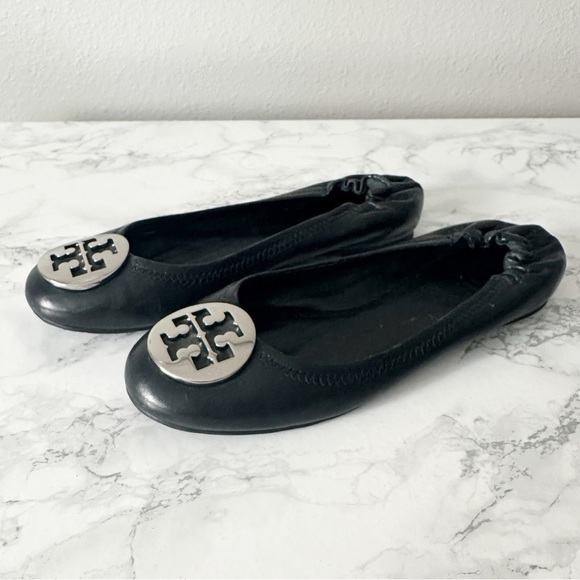 Tory Burch Shoes - Tory Burch Reva Smooth Black Leather Silver Logo Ballet Flats Women’s Size 7.5